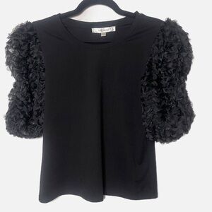 Anthropologie Flat White Black Ruffle black puff Sleeve Top size Small